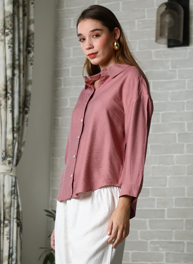 PINACOLADA  Women's Salmon Pink Breezy Wrinked Relaxed Shirt For Casual Wear | Spread Collar | Long Cuffed Sleeves | Button Closure | Oversized Shirt Designed With Comfortable Fit For Woman & Girls for Women | Best Price UAE